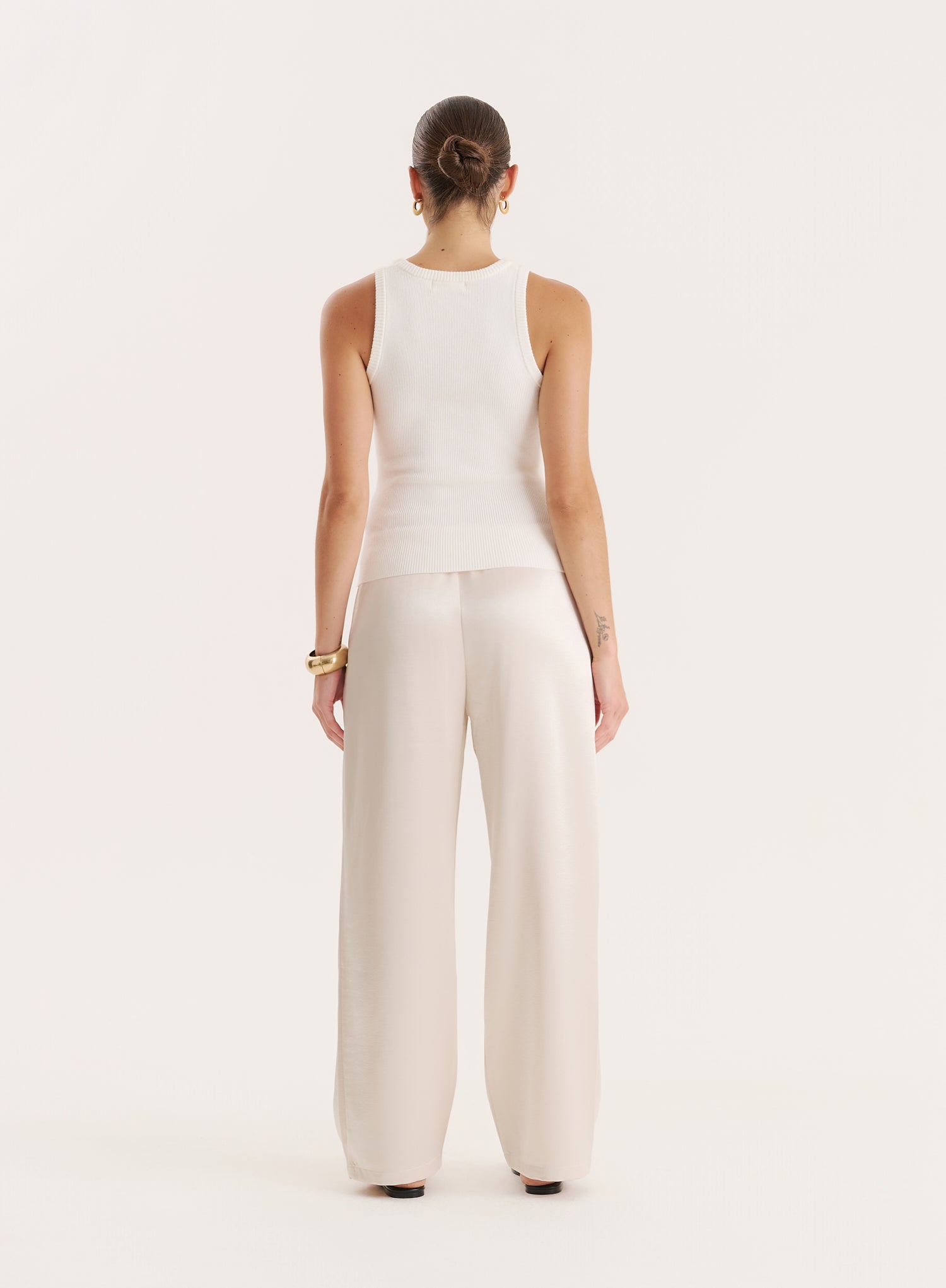Cream Satin Elasticated Waist Wide Leg Trouser
